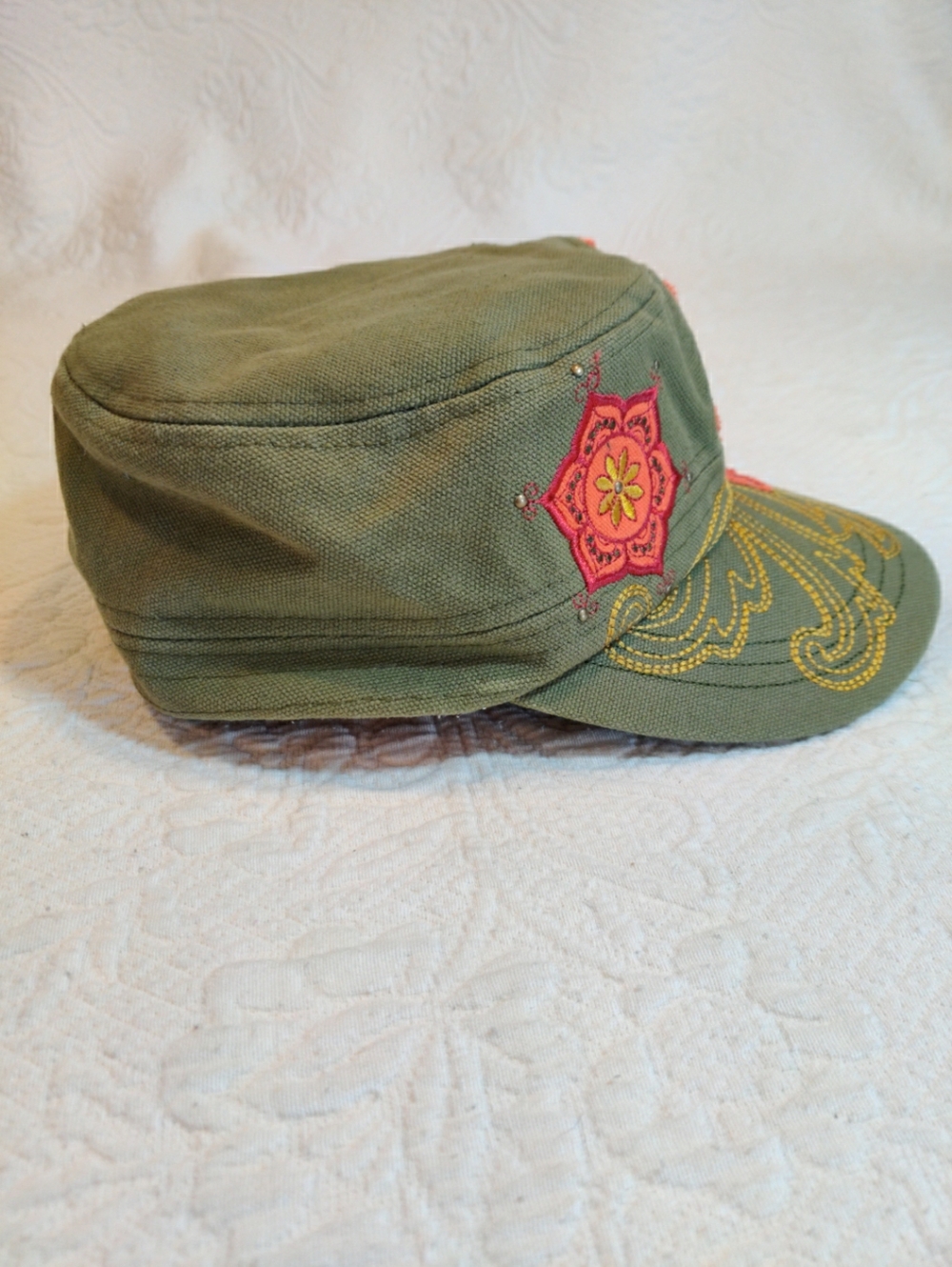 Karma Hat "Find Your Own Bliss" Floral Applique Studded Embroidered Cadet Cap - Picture 2 of 10